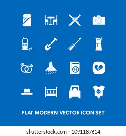 Modern, simple vector icon set on blue background with camera, japanese, sheriff, furniture, broken, car, samurai, west, spice, cradle, wedding, hood, clothing, photo, cowboy, texas, table, baby icons