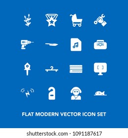 Modern, simple vector icon set on blue background with spring, baby, asian, cheeseburger, award, agriculture, fish, snack, motel, fashion, label, burger, wheat, stroller, foreman, bird, carriage icons