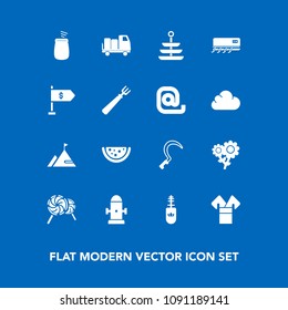 Modern, simple vector icon set on blue background with department, element, fire, fork, food, kimono, mascara, conditioning, dinner, tool, agriculture, air, blossom, truck, costume, flower, asia icons