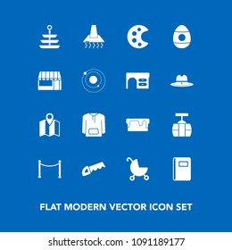 Modern, simple vector icon set on blue background with construction, paper, food, easter, stroller, cooking, transportation, map, spring, pin, child, plate, train, sweet, saw, cake, notebook icons