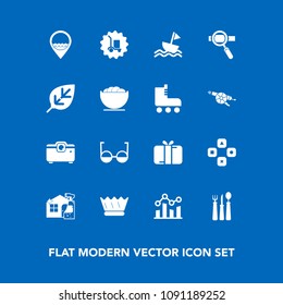 Modern, simple vector icon set on blue background with play, eye, tree, nature, present, game, celebration, gift, location, projector, box, delivery, fun, research, royal, sailboat, restaurant icons