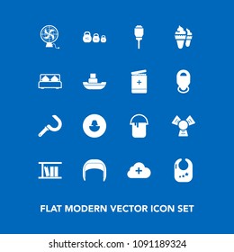 Modern, simple vector icon set on blue background with lamp, air, cream, business, rattle, kilogram, cloud, helmet, ice, food, human, harvesting, city, work, child, farming, light, weight, add icons