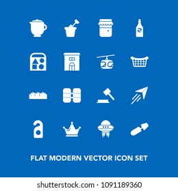 Modern, simple vector icon set on blue background with play, black, drink, oxygen, tank, cylinder, sandbox, healthy, label, brush, queen, teapot, motel, honey, mascara, hot, hotel, plane, fruit icons