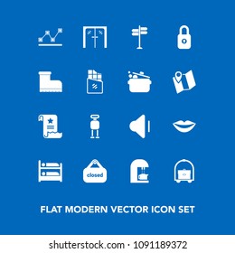 Modern, simple vector icon set on blue background with hostel, door, technology, office, up, shop, vacation, banner, store, architecture, travel, caffeine, entrance, lips, girl, beauty, volume icons
