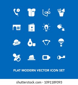 Modern, simple vector icon set on blue background with technology, sky, sake, office, call, child, scuba, work, japanese, mask, battery, infant, sport, parachuting, spaceship, parachute, table icons