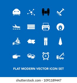 Modern, simple vector icon set on blue background with car, fiction, craft, time, puzzle, alcohol, alien, sack, chemistry, meal, dinner, alarm, truck, business, hour, clock, clothing, beer, dish icons