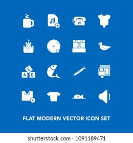 Modern, simple vector icon set on blue background with drink, shirt, caravan, food, seafood, meat, background, volume, phone, clothes, trailer, disk, communication, alphabet, music, fashion, dvd icons