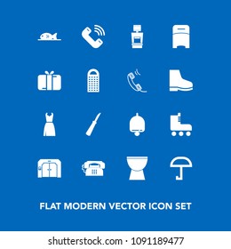 Modern, simple vector icon set on blue background with gift, bed, cooking, celebration, cheese, machine, music, scan, skating, box, ring, present, phone, skate, leisure, double, button, alarm icons