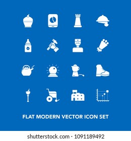Modern, simple vector icon set on blue background with king, magic, restaurant, wine, milk, teapot, chess, construction, cake, alcohol, city, architecture, sweet, piece, plastic, hot, business icons