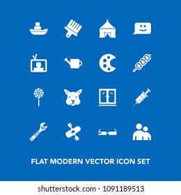 Modern, simple vector icon set on blue background with animal, kayak, ship, bunny, people, dentistry, equipment, drill, chat, drawing, circus, activity, dentist, rabbit, sweet, man, hammer, sea icons