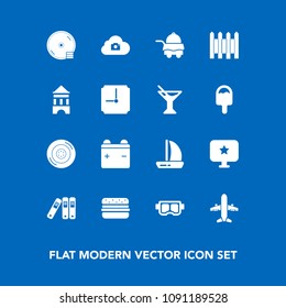 Modern, simple vector icon set on blue background with wheel, star, cd, car, tower, mask, file, photo, plane, bed, barrier, protection, auto, room, hotel, folder, airplane, battery, office, tire icons