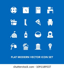Modern, simple vector icon set on blue background with poker, glass, book, city, lady, ice, woman, money, map, hour, automobile, beverage, notebook, clock, restaurant, paper, house, bottle, car icons