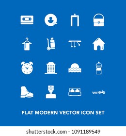 Modern, simple vector icon set on blue background with retro, sunset, sunrise, light, equipment, bag, bed, doctor, house, clock, xray, boot, hanger, time, transportation, tape, broom, medical icons