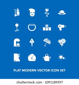 Modern, simple vector icon set on blue background with motorbike, drop, truck, protection, spring, energy, kitchen, rain, motorcycle, transportation, biker, umbrella, weather, retro, pinafore icons