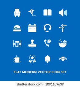 Modern, simple vector icon set on blue background with achievement, up, center, juice, place, cappuccino, equipment, food, literature, grater, support, headset, bell, education, drink, furniture icons