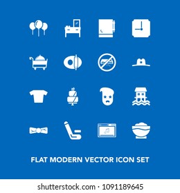 Modern, simple vector icon set on blue background with match, cake, time, cooking, houseboat, notebook, chef, service, cricket, home, hour, food, championship, fashion, kitchen, dessert, boat icons