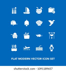 Modern, simple vector icon set on blue background with drink, folder, document, hot, spoon, gadget, keyboard, hotel, campfire, smart, bowling, glass, fork, service, sport, airplane, bonfire, van icons