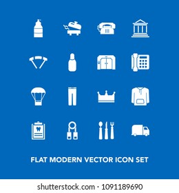 Modern, simple vector icon set on blue background with jacket, heater, clothes, ball, air, boiler, patient, communication, dentist, training, presentation, crown, king, sky, money, dentistry icons