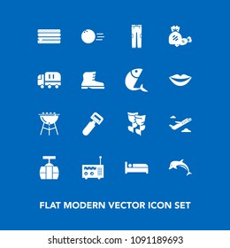 Modern, simple vector icon set on blue background with animal, floral, train, barbecue, snack, kitchen, spring, pin, food, nature, ball, hotel, peeler, sky, blossom, media, ocean, radio, cable icons