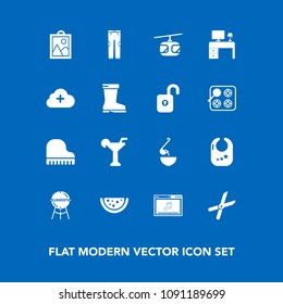 Modern, simple vector icon set on blue background with infant, pruning, barbecue, cloud, musical, rail, table, soup, image, add, meat, food, child, office, meal, watermelon, rattle, blue, music icons