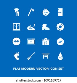 Modern, simple vector icon set on blue background with hammer, shirt, construction, media, travel, building, work, kid, wrench, japanese, drop, screwdriver, fitness, baby, shrine, childhood, web icons