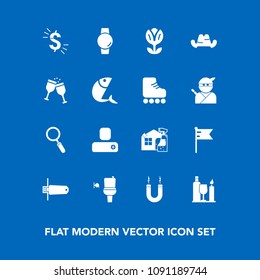 Modern, simple vector icon set on blue background with currency, flower, time, hat, spring, national, usd, human, smart, memory, person, blossom, floral, flash, drink, fashion, nation, zoom, cap icons