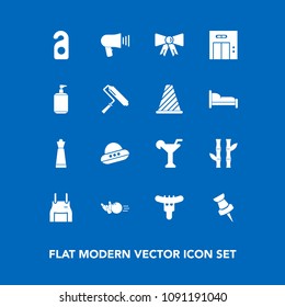 Modern, simple vector icon set on blue background with fun, food, privacy, bamboo, hotdog, technology, space, sausage, nature, plant, motel, ufo, pin, drink, pinafore, piece, chef, bowling, cook icons