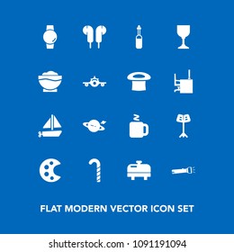 Modern, simple vector icon set on blue background with hot, candy, gadget, food, musical, time, tool, medicine, boat, alcohol, wine, space, music, palette, astronomy, audio, technology, saturn icons