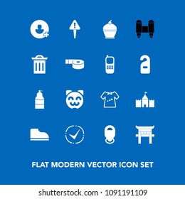 Modern, simple vector icon set on blue background with map, child, technology, craft, box, cat, dessert, sign, fashion, mark, waste, garbage, cute, kid, travel, animal, tower, location, food icons
