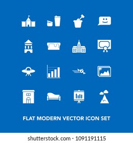 Modern, simple vector icon set on blue background with spaceship, mountain, landscape, flight, room, blue, data, cup, building, document, house, business, interior, space, real, sugar, report icons