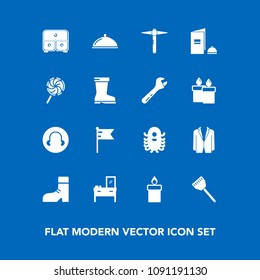 Modern, simple vector icon set on blue background with nation, lollipop, national, ufo, fire, candle, foot, boot, home, footwear, equipment, spanner, decoration, style, cooking, monster, hammer icons