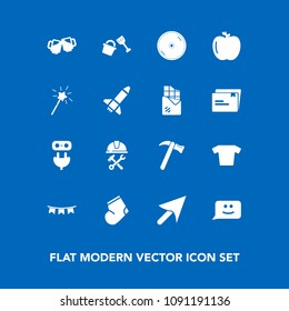 Modern, simple vector icon set on blue background with clothing, sign, beer, hammer, pub, industry, energy, chat, food, construction, face, electricity, plug, background, alcohol, shirt, web, cd icons