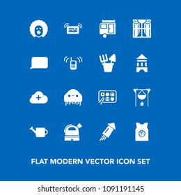 Modern, simple vector icon set on blue background with hot, fireplace, monster, sport, cloud, caravan, alien, can, travel, food, firework, equipment, observatory, trailer, interior, journey, ufo icons