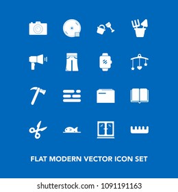 Modern, simple vector icon set on blue background with comb, literature, bucket, business, spanner, disk, wrench, disc, document, meat, information, sand, cd, toy, table, brush, dvd, plastic icons