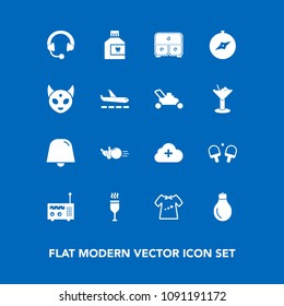 Modern, simple vector icon set on blue background with energy, cloud, map, clothes, pin, alien, care, radio, north, ufo, drawer, sport, wine, game, internet, fun, light, child, audio, power, red icons