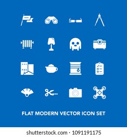 Modern, simple vector icon set on blue background with smart, sensu, nation, drone, mark, estate, modern, japanese, binocular, wind, divider, photo, equipment, country, room, list, photographer icons