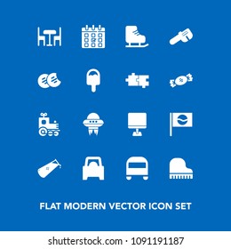 Modern, simple vector icon set on blue background with train, ice, chair, transportation, internet, ufo, locomotive, table, music, sport, winter, cookie, travel, vehicle, piano, day, japanese icons