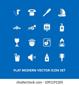 Modern, simple vector icon set on blue background with unlock, boat, plastic, brush, drink, asian, bottle, people, care, clinic, lock, dentistry, milk, dentist, alcohol, bride, food, wine, hair icons