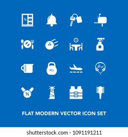 Modern, simple vector icon set on blue background with ocean, hair, brush, music, interior, alarm, heavy, protective, beauty, audio, car, technology, vest, glass, equipment, sea, comb, jacket icons