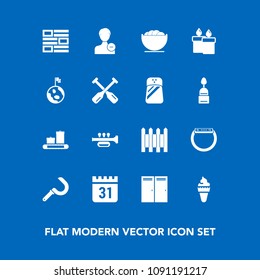 Modern, simple vector icon set on blue background with travel, food, home, white, delete, gadget, fence, wall, time, decoration, bowl, dessert, user, sickle, avatar, schedule, account, bag, news icons