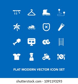 Modern, simple vector icon set on blue background with fork, hanger, shovel, dessert, white, nature, equipment, snack, spoon, sale, new, position, ecommerce, restaurant, cart, ladder, shirt, map icons
