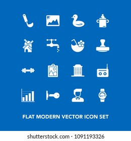 Modern, simple vector icon set on blue background with time, man, architecture, city, fitness, food, sound, energy, male, milk, key, bottle, media, gadget, wildlife, business, kitchen, animal icons