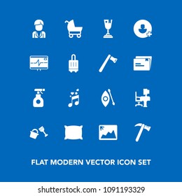 Modern, simple vector icon set on blue background with desk, spray, male, child, pram, frame, sprayer, pillow, pesticide, man, white, winner, musical, image, boy, stroller, work, picture, bucket icons