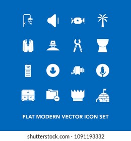 Modern, simple vector icon set on blue background with exploration, , royal, document, igloo, reminder, drawer, file, volume, king, record, repair, music, data, lollipop, crown, spaceship, house icons