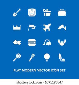 Modern, simple vector icon set on blue background with parachute, home, pen, vacuum, calligraphy, food, seafood, cleaner, black, celebration, jump, object, tool, construction, fresh, utensil icons