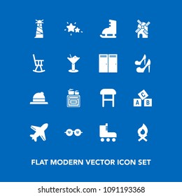 Modern, simple vector icon set on blue background with sunglasses, headwear, hat, armchair, fireplace, star, cooking, hippie, flame, fashion, leisure, glasses, education, travel, home, bonfire icons