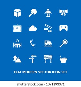 Modern, simple vector icon set on blue background with family, landscape, banner, street, cube, technology, fashion, forest, machine, nature, call, television, kitchen, pan, train, tennis, sport icons