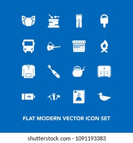 Modern, simple vector icon set on blue background with repair, guitar, jacket, icecream, newborn, health, white, clean, bus, drum, food, brush, fashion, infant, timetable, transportation, sound icons