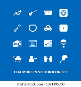 Modern, simple vector icon set on blue background with music, analytics, delete, spoon, musical, trend, sweet, bird, spray, housework, pie, parachuting, dinner, food, white, knife, gadget, time icons