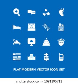 Modern, simple vector icon set on blue background with pin, map, location, telephone, dessert, old, baby, fitness, food, hotel, talk, newborn, vacation, sweet, equipment, home, young, small, bed icons
